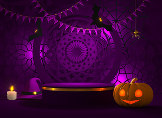Halloween dark purple background, pumpkin jack head, cobweb, branches, bat, puff, pedestal, 3d rendering