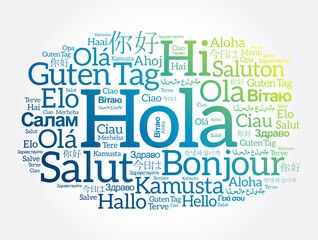 Hola (Hello Greeting in Spanish) word cloud in different languages of the world © dizain