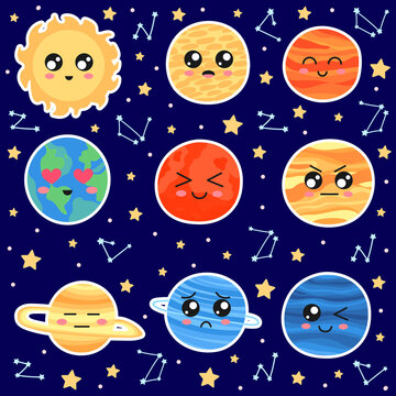 Set of solar system cute planets with kawaii faces stickers on dark background, funny universe emojii for kids