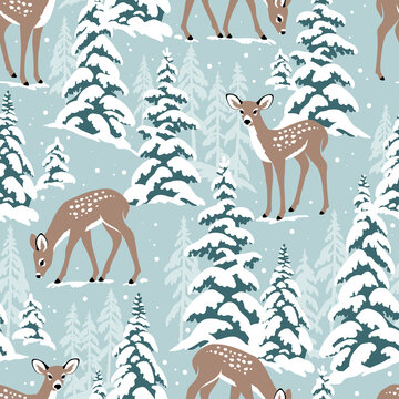 Snowy winter forest with deer and snowy pine trees on light blue background. Seamless vector pattern. Perfect for textile, wallpaper or print design.
 
