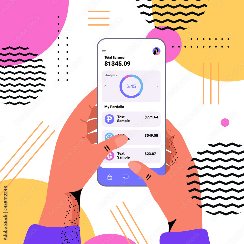 Poster hands using cryptocurrency application on smartphone virtual money wallet banking transaction digita