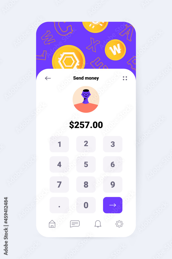 Poster cryptocurrency application design virtual money transfer app on smartphone screen banking transactio