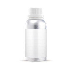 Metal packaging for medical products and cosmetic products. A jar with a white plastic lid and a white empty label. The image is isolated on a white background.