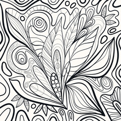Antistress coloring book hand drawn illustration. Line drawn leafs, flowers, shapes and doodle drawing. Trendy line art vector print. Modern drawing design for adults and kids.