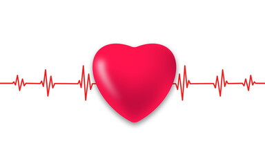 3D Red Heart and Cardiogram Isolated On White Background. Heartcare, healthcare and and Heart Medical Exam Concept. World Health day 
