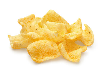 Delicious potato chips, isolated on white background