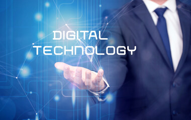 Fototapeta na wymiar Digital technology concept with businessman and text