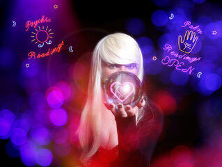 Psychic with Blond hair and Crystal Ball. Neon Lights in background