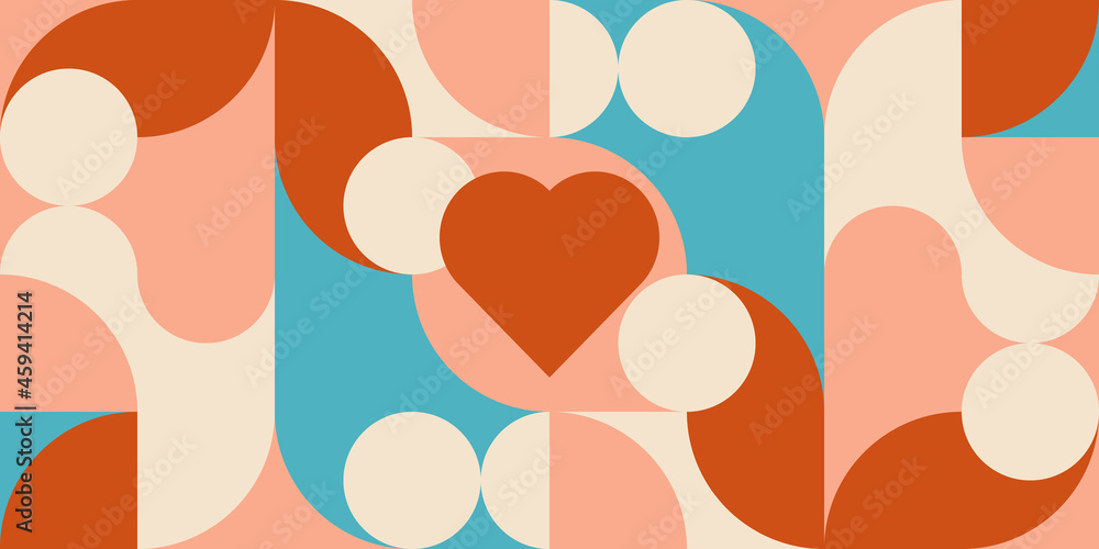 Poster Romantic vector abstract  geometric background with hearts, circles, rectangles and squares  in retro scandinavian style. Pastel colored simple shapes graphic pattern. Abstract mosaic artwork.
