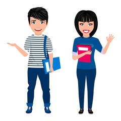 Happy cute boy and girl student character standing with books and file