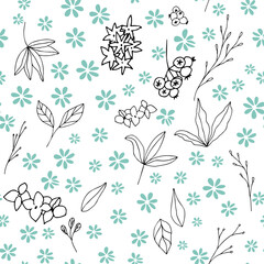 Floral vector seamless pattern with  flowers, leaves and berries. Beautiful hand drawn flowers in  light pastel colors in vintage style.