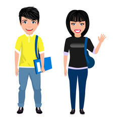 Happy cute boy and girl student character standing with books and bags isolated on white background