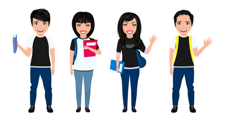 Fototapeta premium Happy cute boy and girl student characters standing together with books bags
