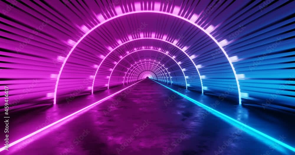 Poster 3d rendering seamless loop motion of pink and blue neon tunnel.