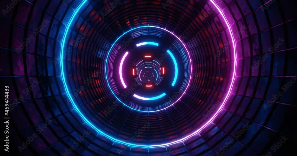 Poster 3d rendering seamless loop motion of dark tunnel with pink and blue neon light.