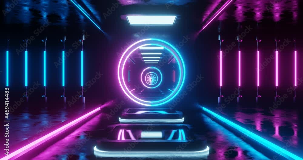 Poster 3d rendering seamless loop motion of pink and blue neon tunnel.