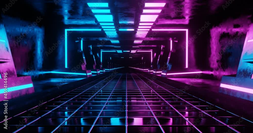 Poster 3d rendering seamless loop motion of pink and blue neon corridor with wireframe floor.