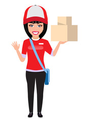 Happy cute deliverywoman character standing with clipboard and boxes wearing uniform