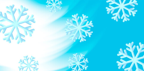 Winter background with 3d snowflakes and frost wind curve on blue backdrop
