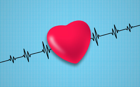 3D Red Heart With Cardiogram Heartbeat Line On Blue Medical background. Heartcare and Health Concept 
