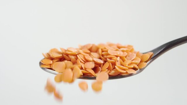 A spoonful of orange coral dry lentils. Macro. Falling uncooked indian legumes in slow motion on a white background.