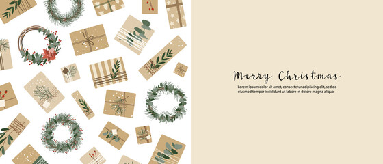 Christmas presents in kraft paper, wreaths. Rustic craft gift box. Eco decoration, eucalyptus, spruce. Xmas and New 2022 Year celebration preparation. Vector flat cartoon illustration, winter banner