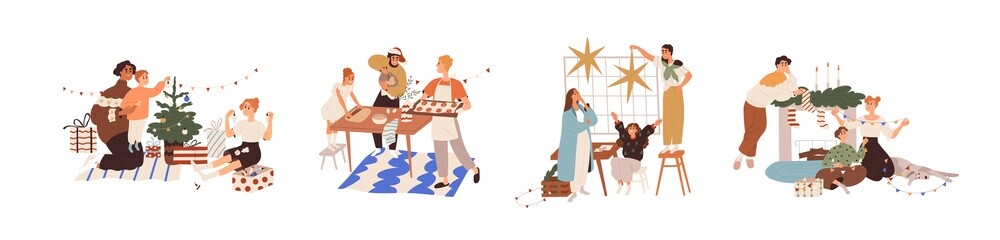 Christmas set with families during preparations for Xmas and New Year winter holidays. Happy people cooking and decorating home with garlands. Flat vector illustration isolated on white background