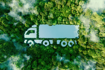 A truck-shaped lake in the midst of pristine nature, illustrating the concept of clean, greenhouse-free transport in the form of electric, hybrid or hydrogen propulsion. 3d rendering. - obrazy, fototapety, plakaty