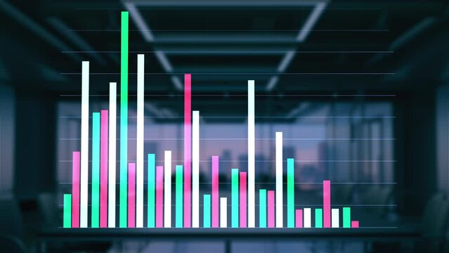 Stock charts visualization. Rising and falling graphs showing increase and decrease of economics markers. Business data statistics. Research, analysis. Office on the background. 3D Render 4K concept