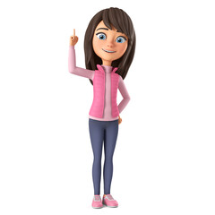 The cartoon character girl in a pink jacket has an idea. 3d render illustration.