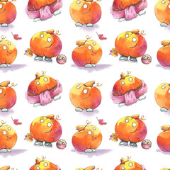Seamless pattern with characters. Hand drawn watercolor pumpkin set isolated on white background.