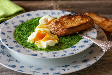 Spinach soup with poached egg and roasted bread