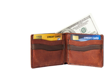 Genuine leather wallet contain dollar banknote and credit card, isolated on white with clipping path