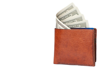 Genuine leather wallet contain dollar banknote and credit card, isolated on white with clipping path