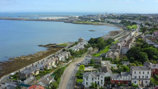 Seapoint, Monkstown, Dublin, Ireland, September 2021. Drone gradually orbits the Martello tower while looking east towards D&uacute;n Laoghaire harbour and Dublin bay.