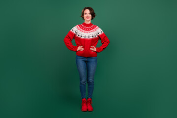 Full length body size view of attractive cheerful girl wearing pullover hands on hips isolated over...