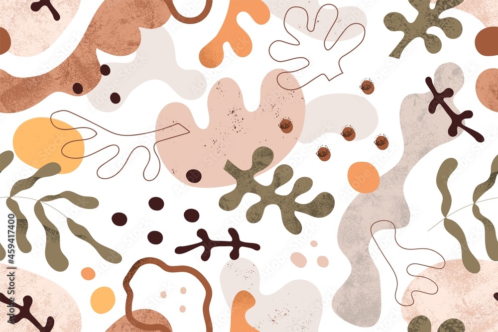 Fototapete Seamless pattern with abstract geometric shapes and plants. Repeating print on white background. Modern endless texture design with natural blobs and blots. Flat vector illustration for wrapping