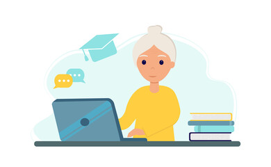 An elderly woman studying with laptop and books. Online education concept. Stay at home. Self-isolation. Vector illustration in flat style.