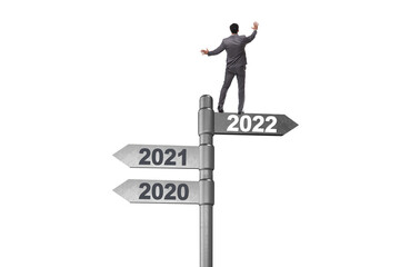 Businessman on the signpost from 2021 to 2022