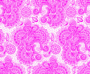Seamless paisley pattern. Exquisite, subtle pink elements on a white background. Trendy ethnic patterns pattern. Vector graphics.