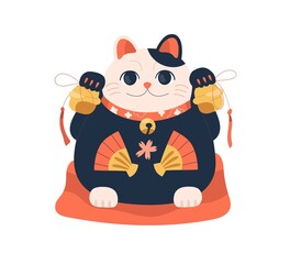 Fat maneki-neko with bells in both paws. Japanese lucky cat on pillow. Traditional Asian beckoning figurine for good luck, fortune and wealth. Flat vector illustration isolated on white background