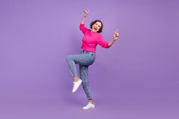 Full length profile side photo of aged woman happy positive smile have fun dance party isolated over purple color background