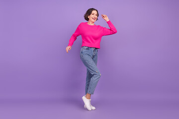 Fototapeta na wymiar Full size profile side photo of attractive aged woman happy positive smile dance isolated over purple color background