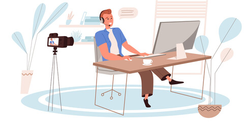 Blogging concept in flat design. Blogger plays games and streaming in blog. Gamer playing at computer and recording at camera. Video content creation, social network people scene. Vector illustration