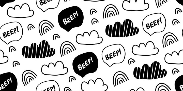 Kids hand drawn seamless pattern with rainbows, clouds, beep sign in black and white. Scandinavian design. Print for babys design. Kids pattern