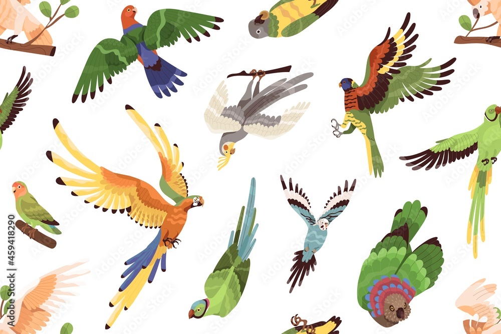 Aufkleber Parrots pattern. Seamless tropical background with exotic jungle birds. Endless repeating print with different ara, macaws and parakeets flying. Repeatable texture. Colored flat vector illustration