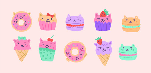 Cute vector set of cat characters in form of food - ice creams, muffins, cupcakes, strawberry  isolated on pink. Kids t-shirt illustration, clipart with sweets and cute animals desserts
