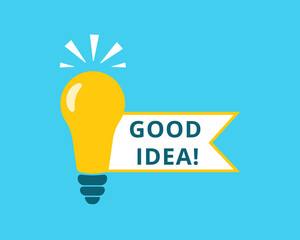 Good idea concept. A burning light bulb and a checkbox with the inscription Good idea. Creative thinking, brainstorming symbol. Label for the design of posts, banners. Flat vector illustration