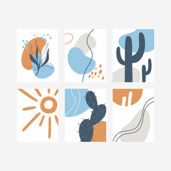 Set of Minimalistic abstract posters. Posters with decorative branch, sun, cactus and abstract color spots. Design for poster, postcard, brochure, cover design.