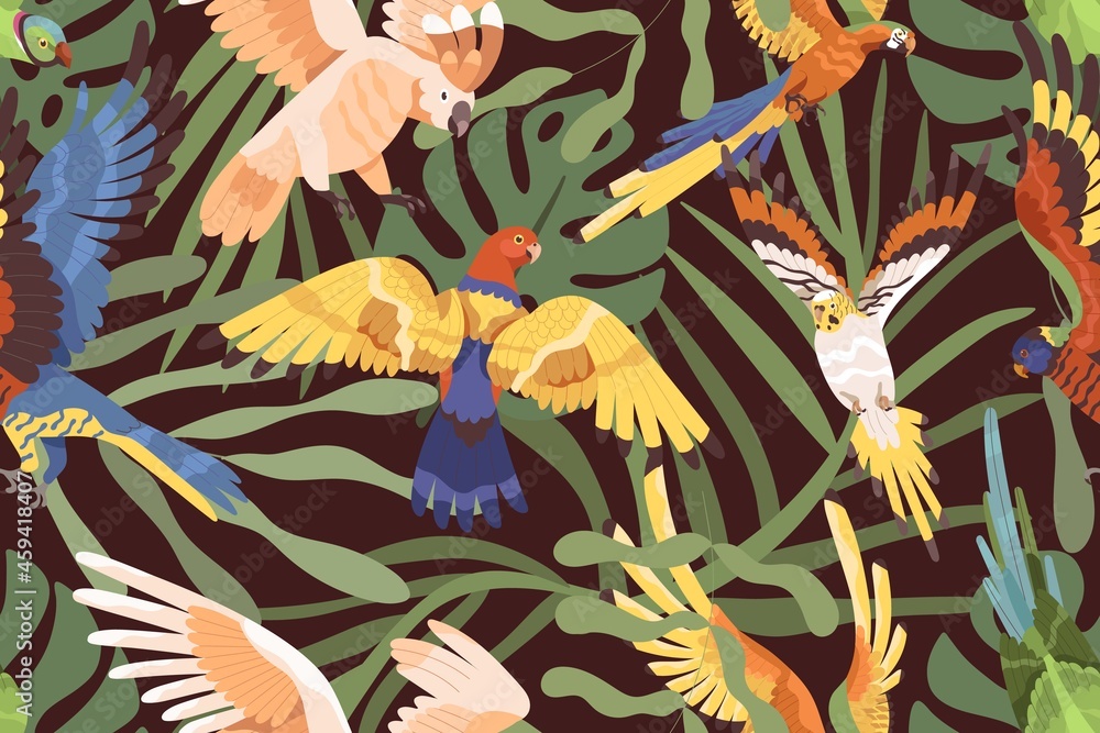 Aufkleber parrots in jungles pattern. seamless background with tropical birds and palm leaf. endless repeating